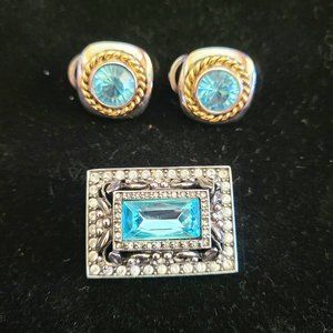 Joan Rivers - Rectangle Brooch and Earrings Set - w/Blue & Clear Rhinestones